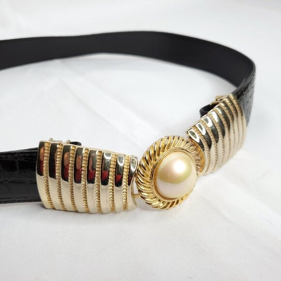 Womens Dress Waist Belt Black Gold Bow Faux Pearl Reptile Texture Adjustable OS - Picture 2 of 4